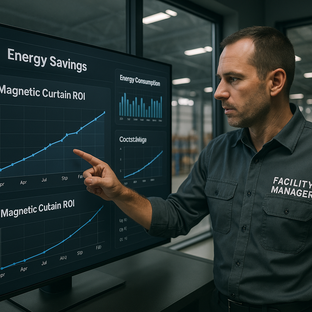 A facility manager looking at a digital dashboard displaying real-time energy consumption graphs, highlighting savings.