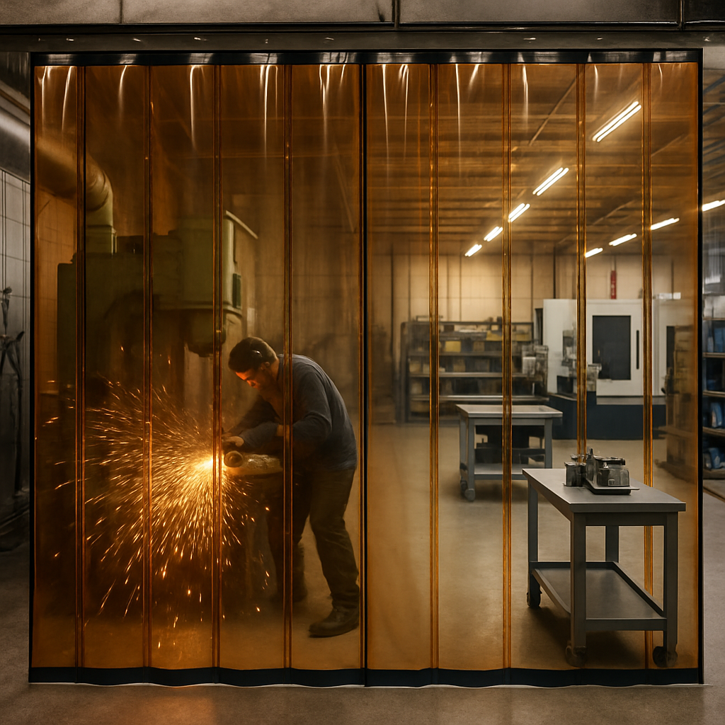 A close-up of a magnetic PVC curtain effectively containing dust and debris in an industrial setting.