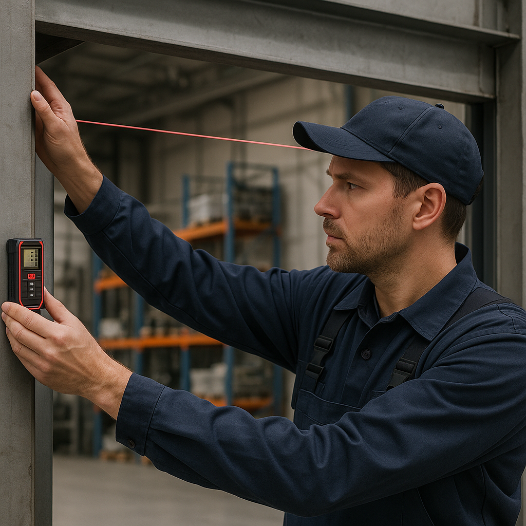 A factory worker carefully measuring a large industrial doorway with a tape measure.