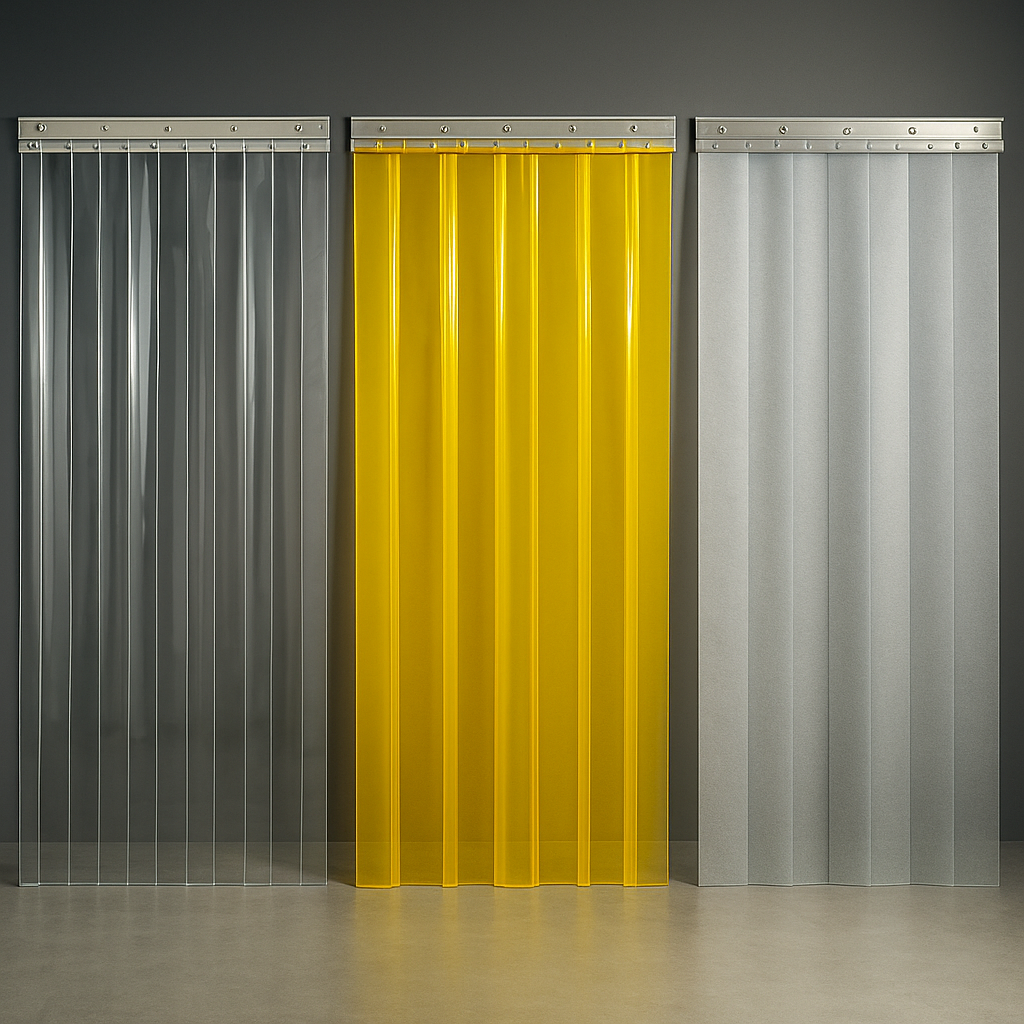 A showroom displaying various types of PVC strip curtains for industrial use.