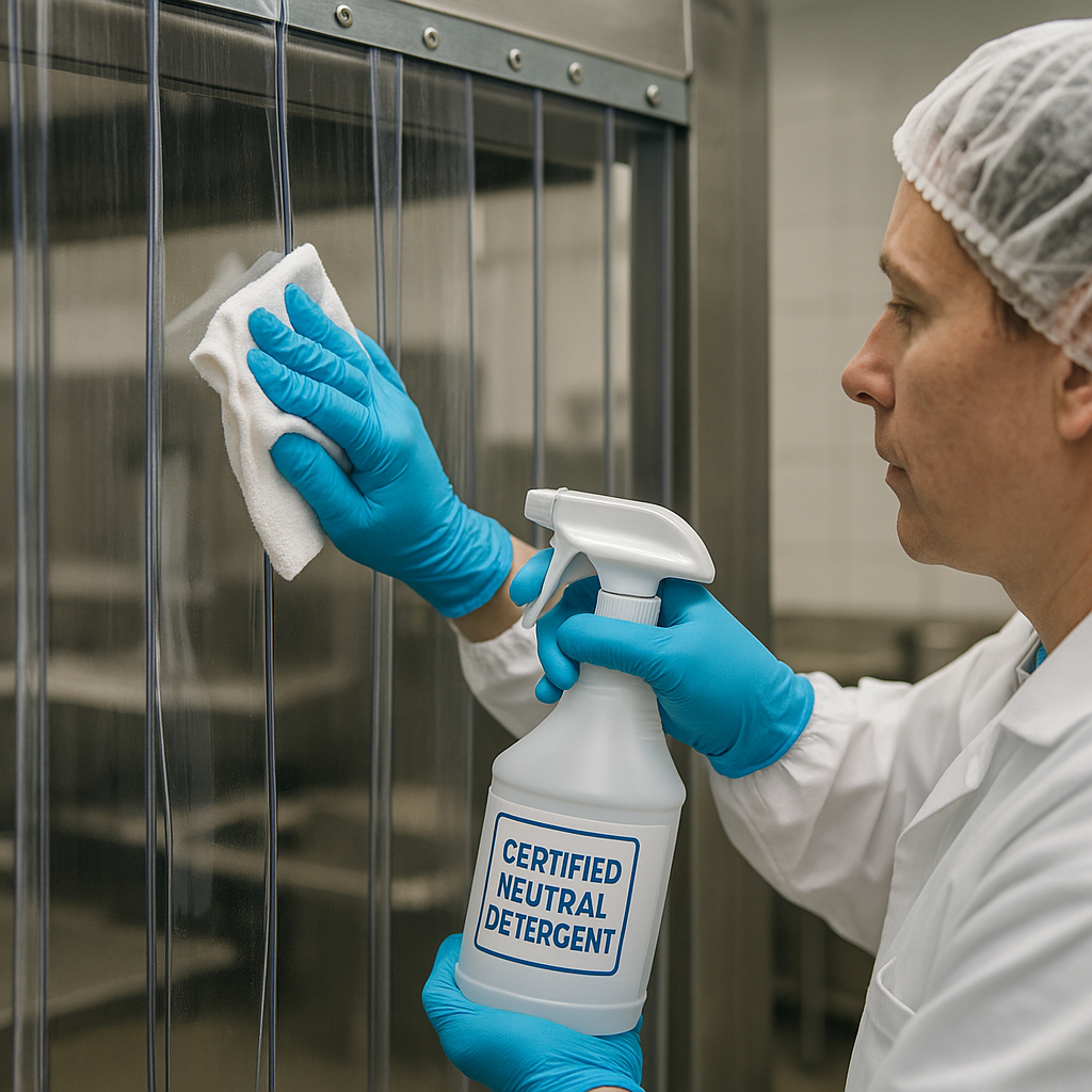 A worker in a food facility cleaning a magnetic curtain to maintain hygiene and clarity.