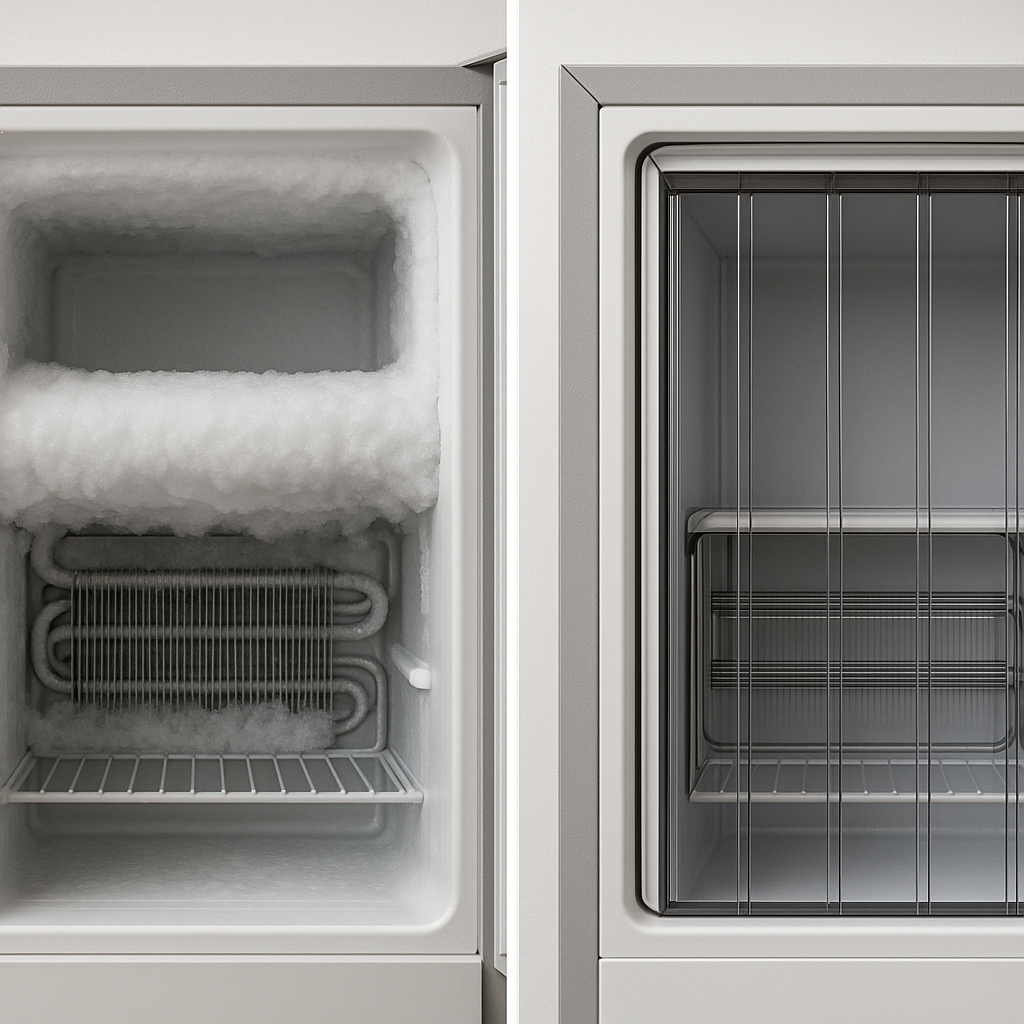 A diptych showing a freezer door before with ice buildup and after with a clean, efficient magnetic PVC curtain installed.