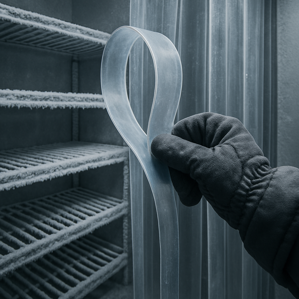 A hand in a thermal glove easily bends a polar-grade PVC strip inside a freezer, demonstrating its flexibility at sub-zero temperatures.