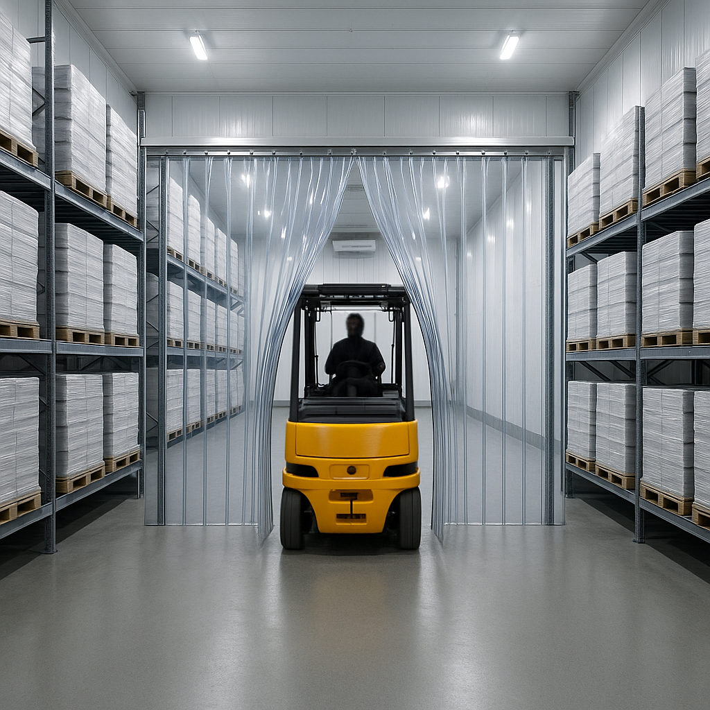 A forklift passes smoothly through a transparent magnetic PVC strip curtain in a clean, modern cold storage warehouse.