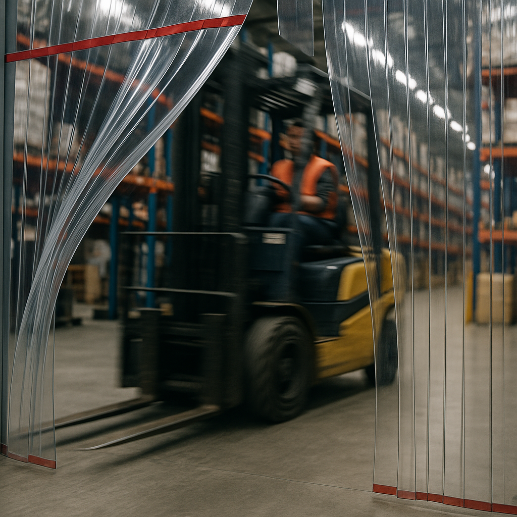 Forklift passing through a durable magnetic PVC curtain in a busy warehouse.