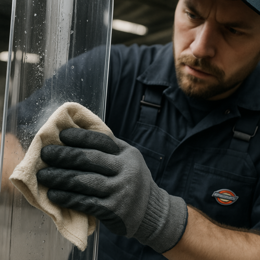 A worker carefully cleaning a transparent PVC strip curtain to maintain clarity and hygiene.
