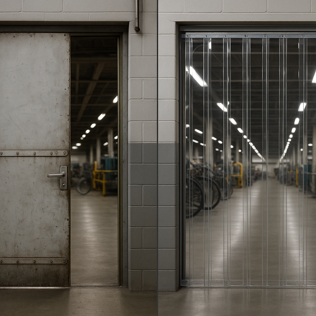 A visual comparison between a conventional industrial door and a magnetic PVC strip curtain in a facility.