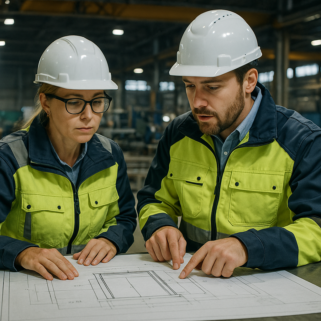 Engineers reviewing blueprints for an industrial door installation, analyzing performance data.