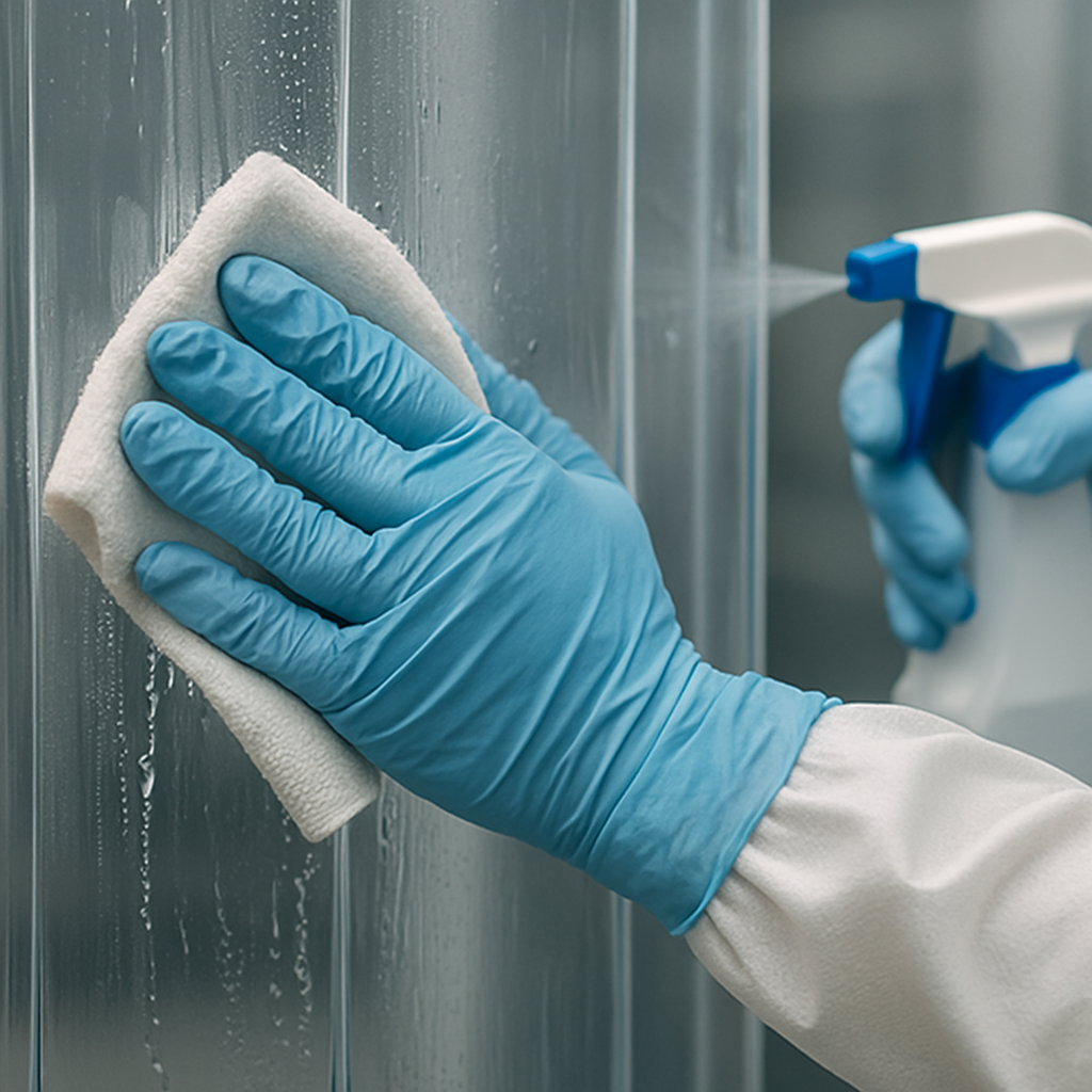 A maintenance worker carefully cleaning and sanitizing a PVC strip curtain in a food processing facility.