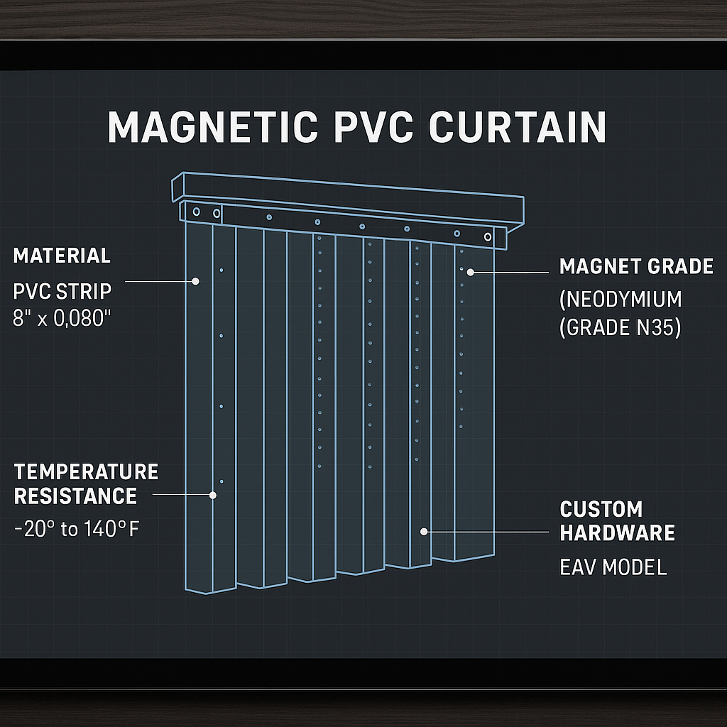 A detailed technical blueprint of a custom magnetic PVC curtain, illustrating customization capabilities.