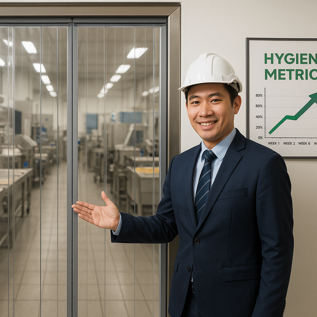 A facility manager observing the seamless flow of traffic through a magnetic door curtain, considering its operational efficiency.