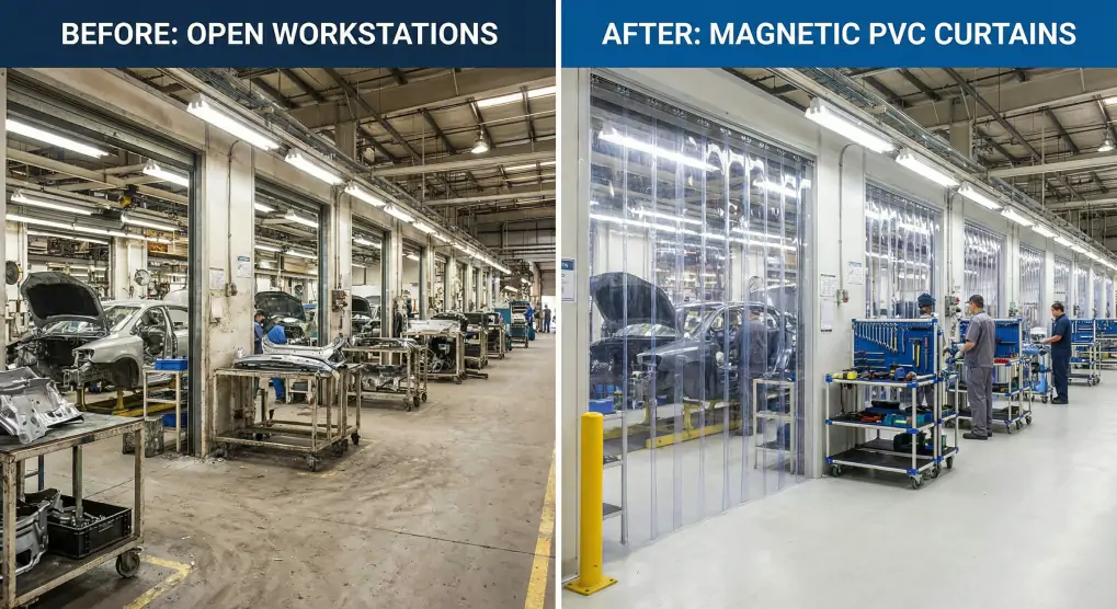 Before and after comparison showing automotive assembly line with and without magnetic PVC door curtains, demonstrating improved cleanliness and workflow efficiency