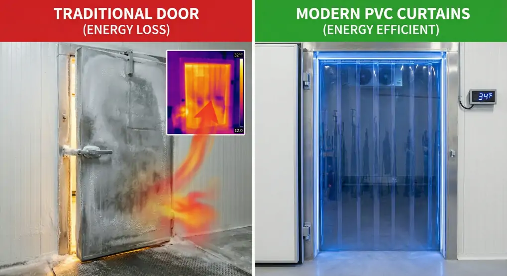 Before and after comparison showing traditional door with energy loss versus modern magnetic PVC door curtains with energy efficiency