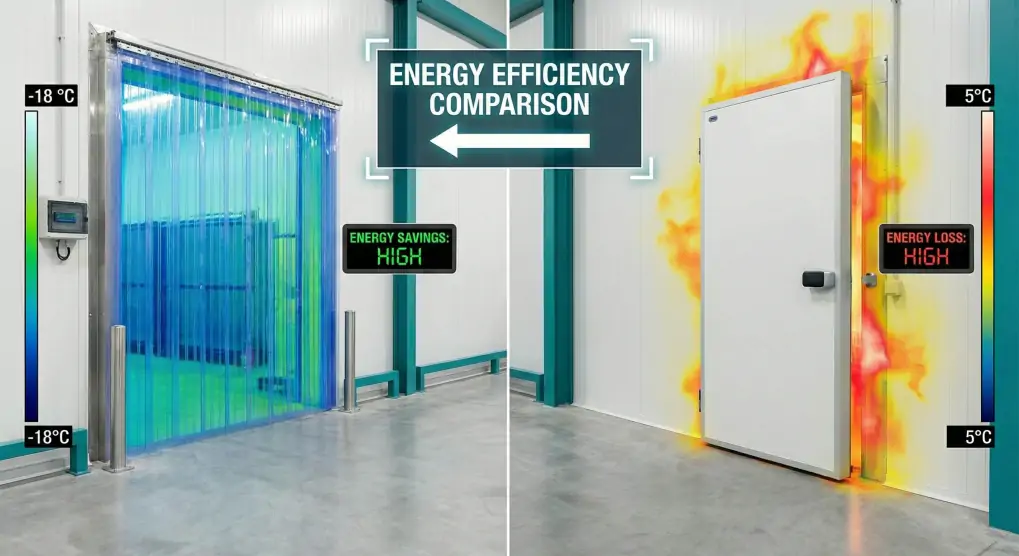 Energy efficiency comparison showing temperature differences with and without magnetic PVC door curtains
