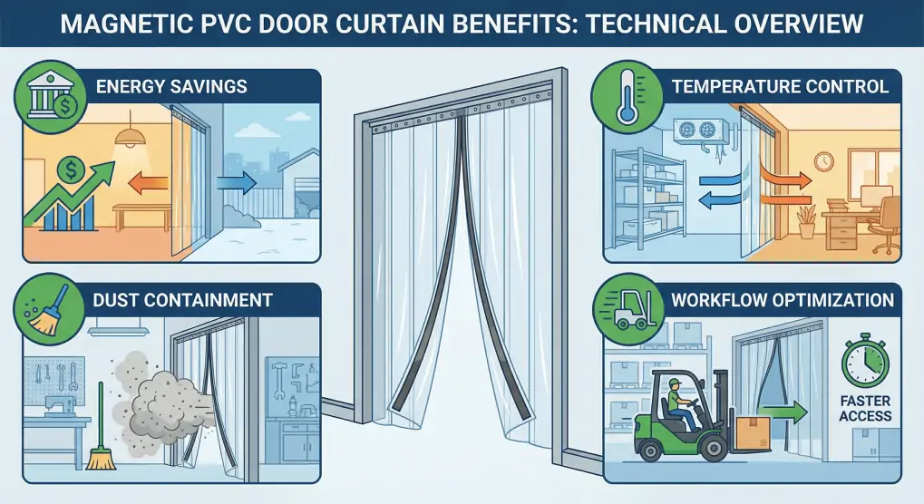 Technical diagram showing magnetic PVC door curtain benefits including energy savings, temperature control, dust containment, and workflow optimization