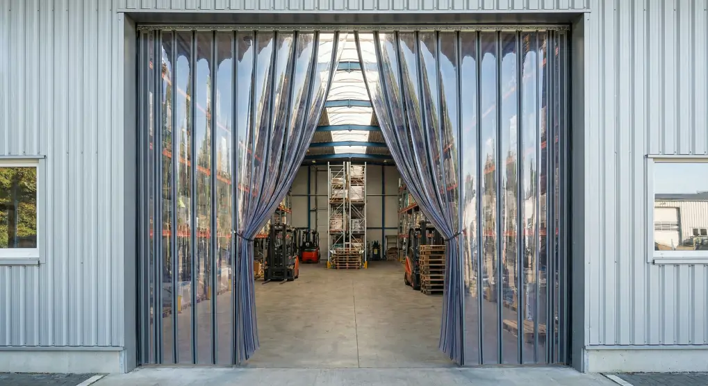 Professional warehouse installation of magnetic PVC strip curtains showing clear visibility through transparent strips with industrial lighting