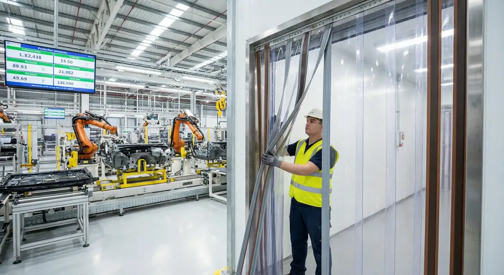 Professional automotive factory worker installing magnetic PVC door curtains in modern assembly line with visible gray and brown magnetic strips