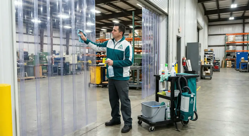 Professional maintenance technician servicing magnetic PVC door curtains