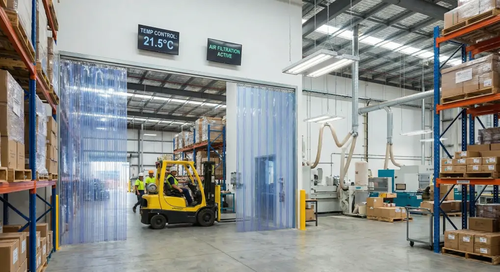 Manufacturing facility with magnetic PVC door curtain systems installed, workers operating forklift through doorway with visible temperature control and dust containment