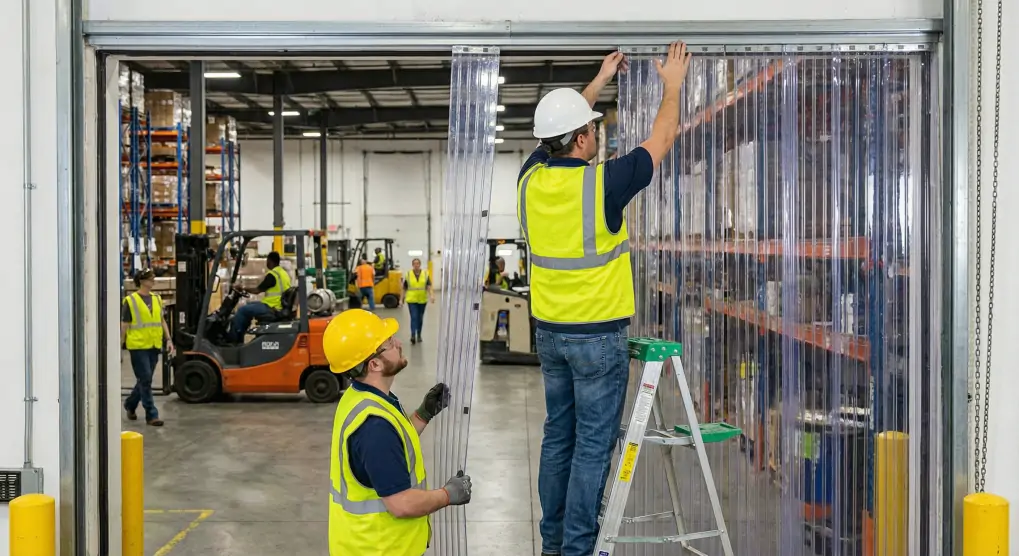 Professional industrial worker installing magnetic PVC strip curtains demonstrating the flexible and efficient installation process