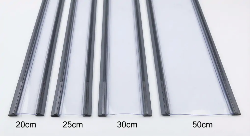 Close-up technical view of magnetic PVC door strips showing rubber edging on both sides and various strip widths from 20cm to 50cm