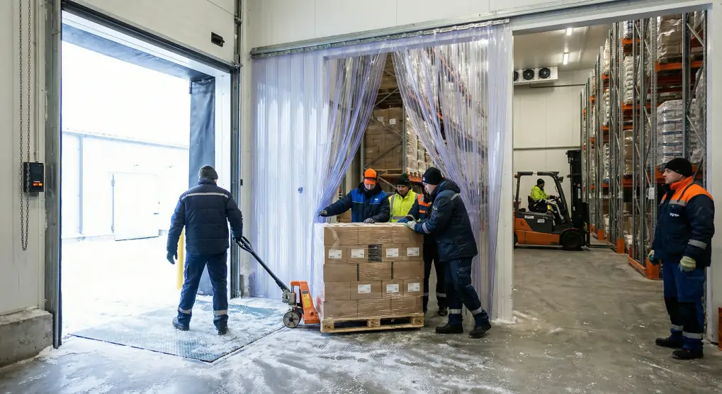 Industrial cold storage warehouse with magnetic PVC door curtains in operation showing workers loading pallets
