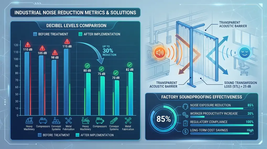 Industrial noise reduction metrics infographic showing decibel levels comparison