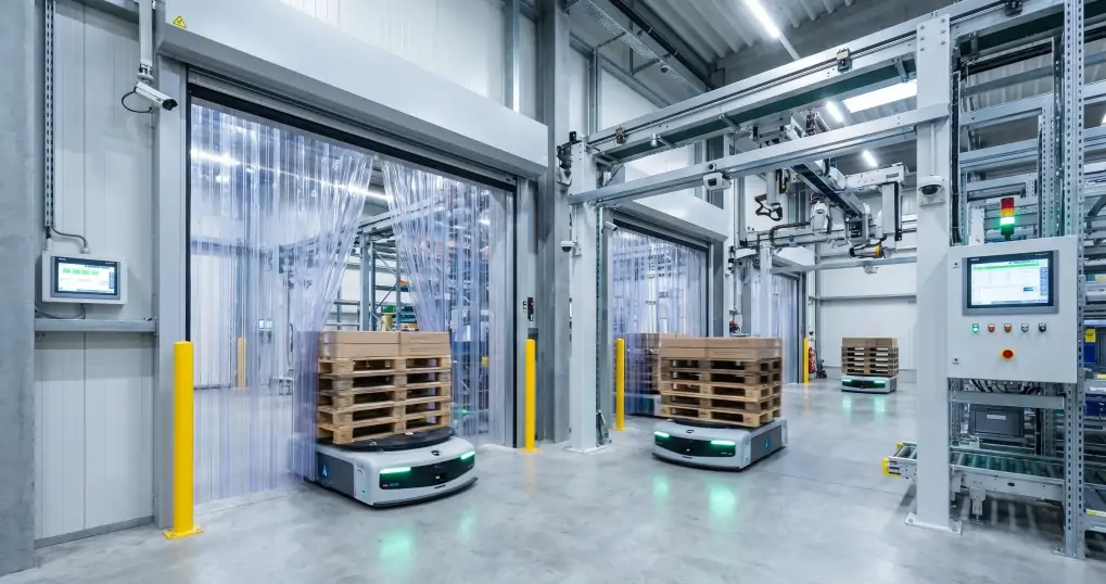 Modern automated warehouse interior with AGV robots passing through magnetic PVC door curtain seals in smart facility technology environment