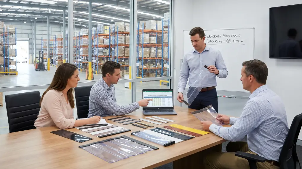 B2B procurement team reviewing magnetic PVC strip curtain samples in office