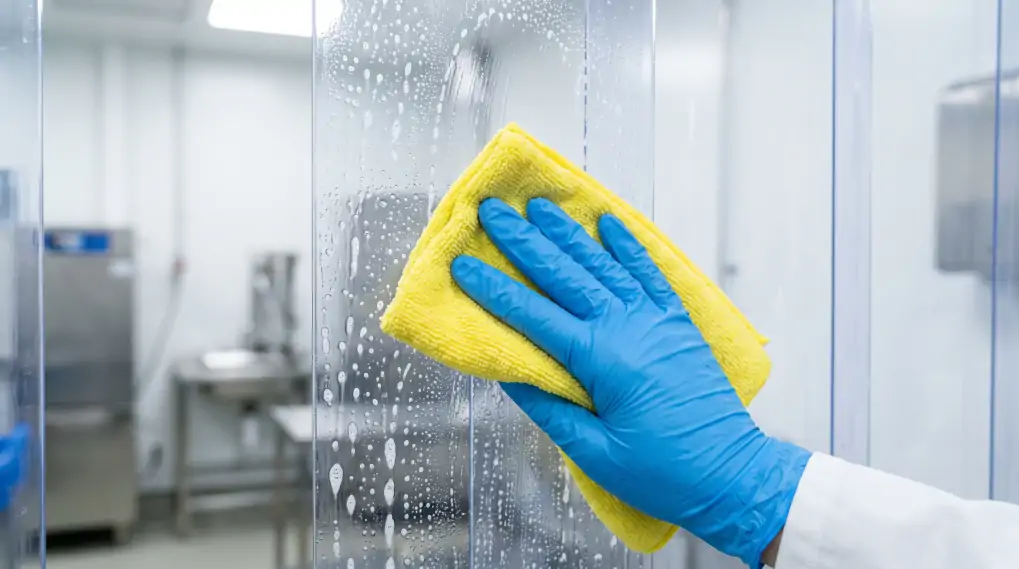 Close-up of worker using microfiber cloth cleaning transparent vinyl door strip with soap bubbles in cleanroom setting