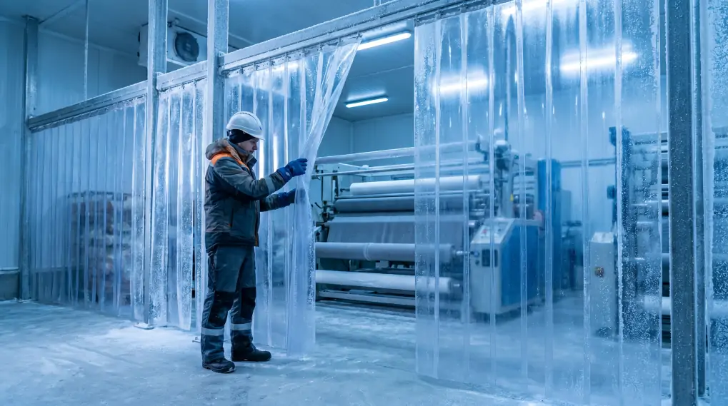 Transparent PVC strip curtain installation in cold storage textile facility showing frost environment durability