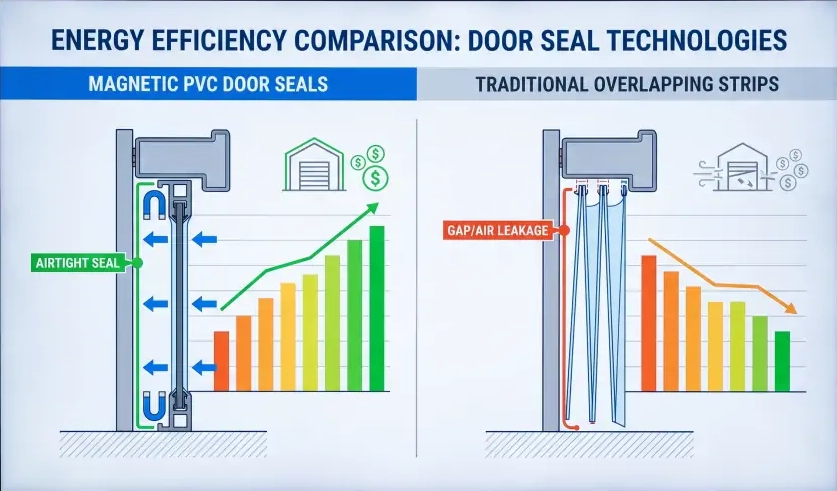 Side-by-side comparison industrial display showing magnetic PVC door seals on left versus traditional overlapping strips on right with technical diagram and energy efficiency comparison
