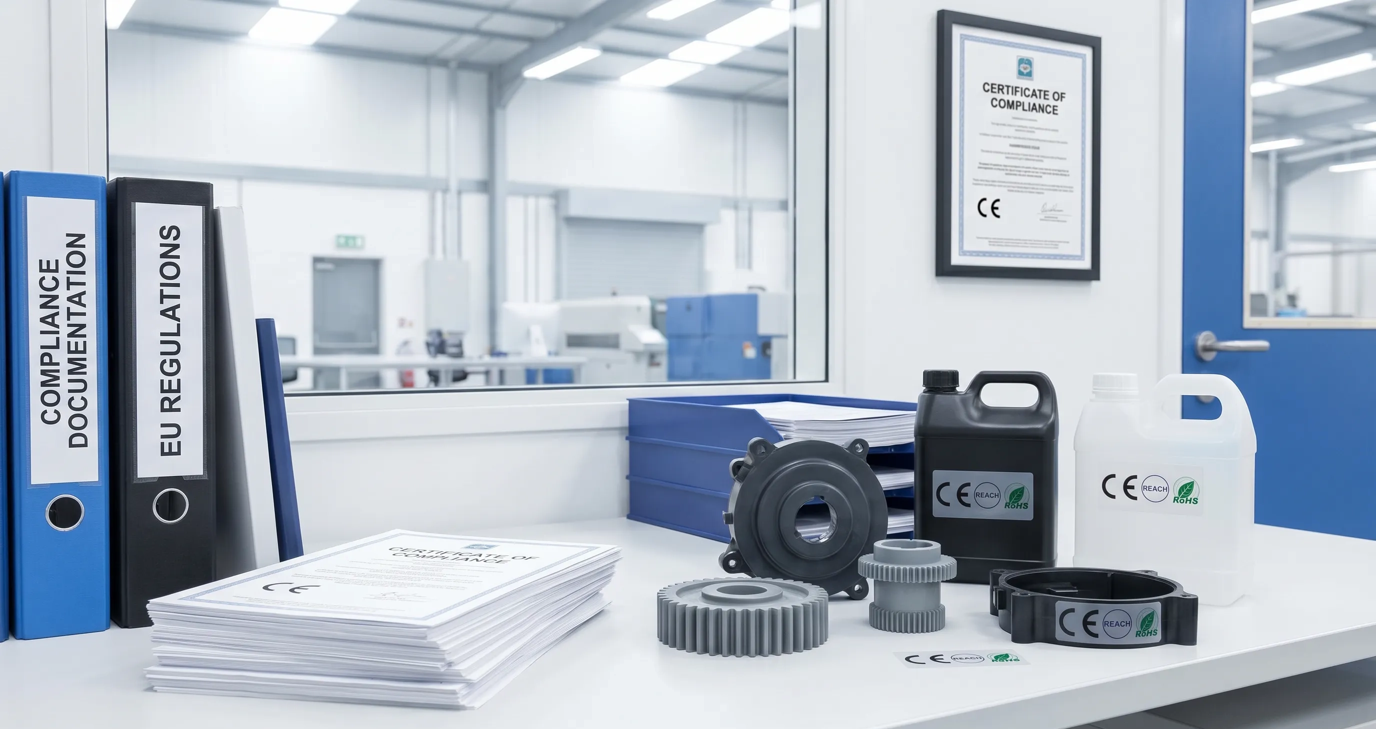Professional compliance documentation with CE REACH RoHS certification labels on industrial plastic products with organized paperwork in clean business setting