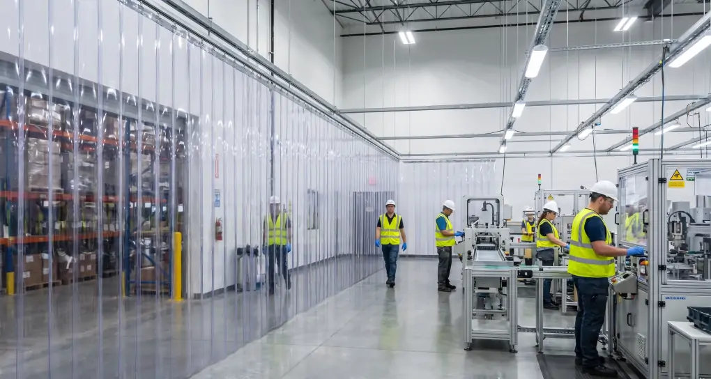 Modern clean factory interior showing safe vinyl strip curtain installation with workers wearing safety equipment in bright industrial lighting environment