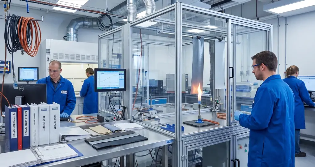 Professional fire retardant testing laboratory for industrial vinyl materials with controlled flame test equipment and safety certification documentation