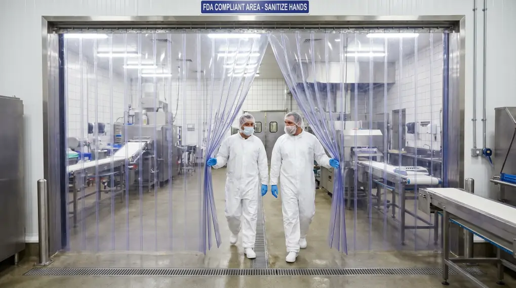 Commercial food processing facility doorway with magnetic PVC strip curtains for FDA compliance