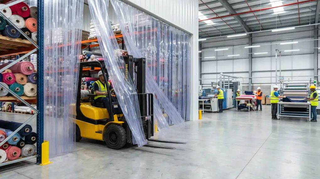 Forklift driver moving through transparent magnetic PVC strip door curtain in textile warehouse
