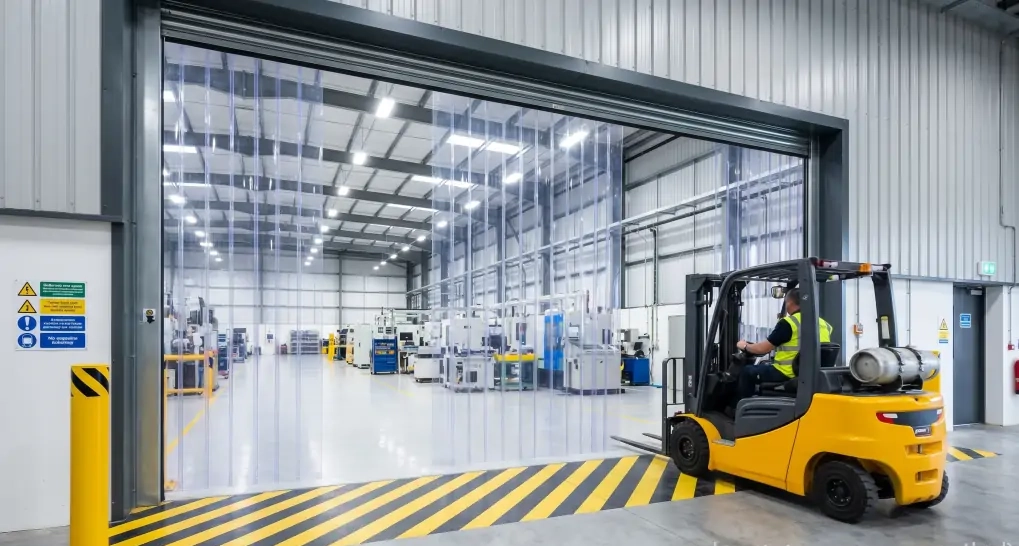 Modern factory entrance with floor-to-ceiling magnetic clear PVC curtains and yellow forklift approaching the doorway in bright industrial hall with professional safe atmosphere