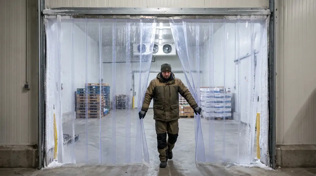 Industrial freezer doorway with magnetic PVC strips showing frost on edges with clear center in professional cooling facility