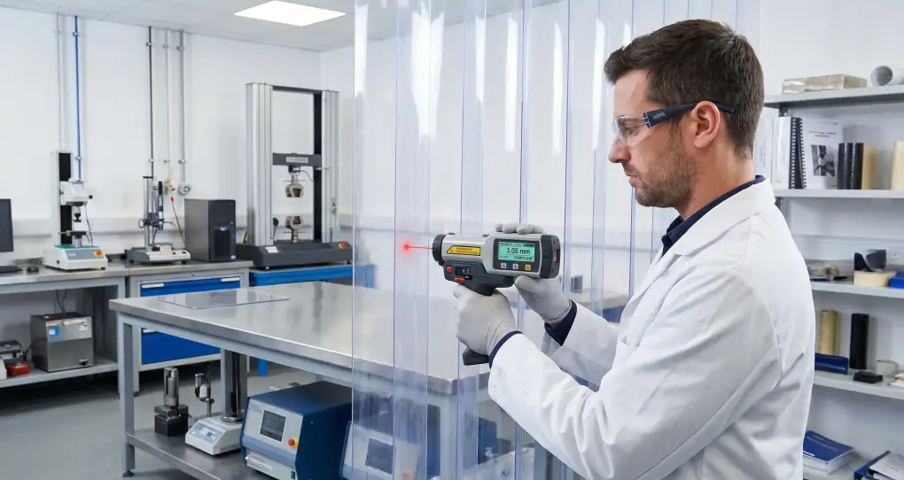 Professional third-party laboratory inspector examining thick transparent industrial PVC strips with calibrated laser measurement device, demonstrating technical compliance verification