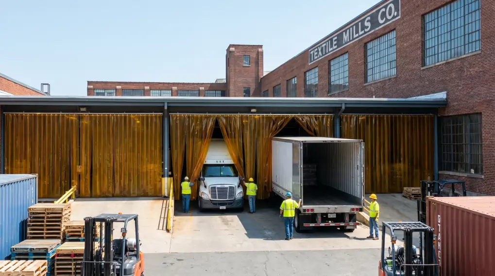 Industrial loading dock with heavy-duty magnetic PVC strip curtains installed