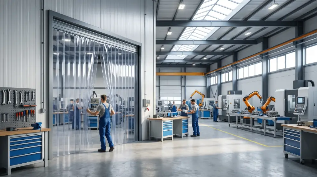 Industrial magnetic PVC strip curtains installed in modern warehouse with airtight seal system