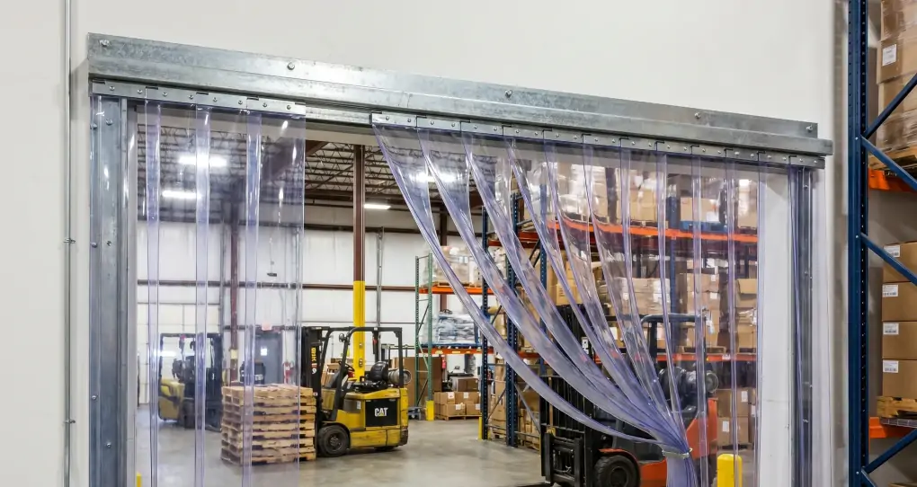 Heavy duty magnetic PVC strip curtain door installation in industrial warehouse with transparent flexible vinyl strips interlocking and steel mounting rails
