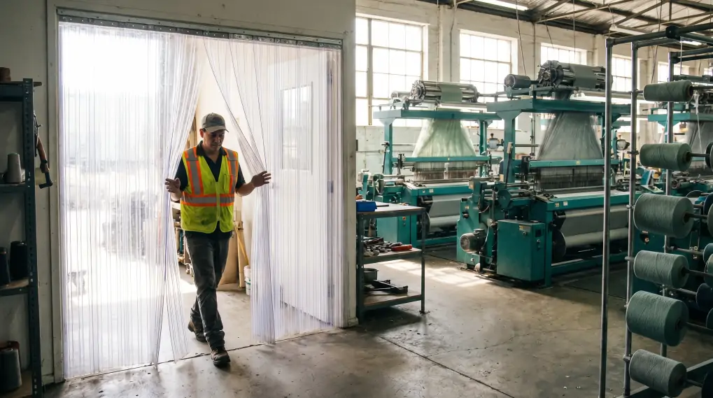 Professional industrial workshop with clear magnetic PVC strip curtains at doorway, worker walking through hands-free