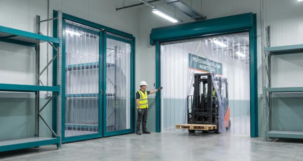 Professional installation of magnetic seal PVC door curtains in modern warehouse facility with worker supervising forklift traffic passing through clear vinyl strip curtains