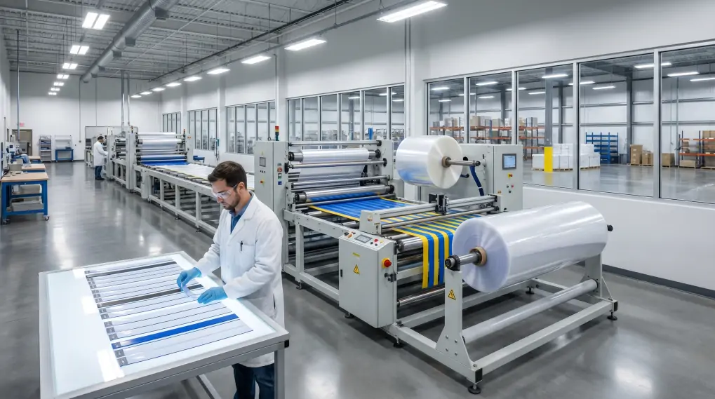 Factory manufacturing line producing custom magnetic PVC strip curtains with quality control