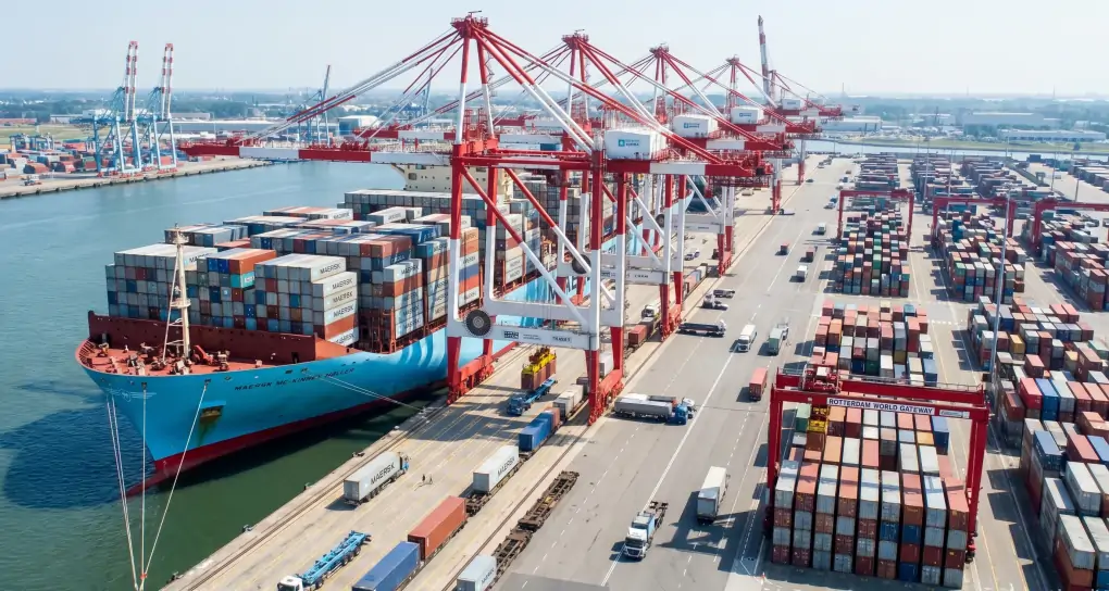 Cargo container ship unloading at highly organized international deepwater port terminal with towering cranes moving freight in crisp daylight