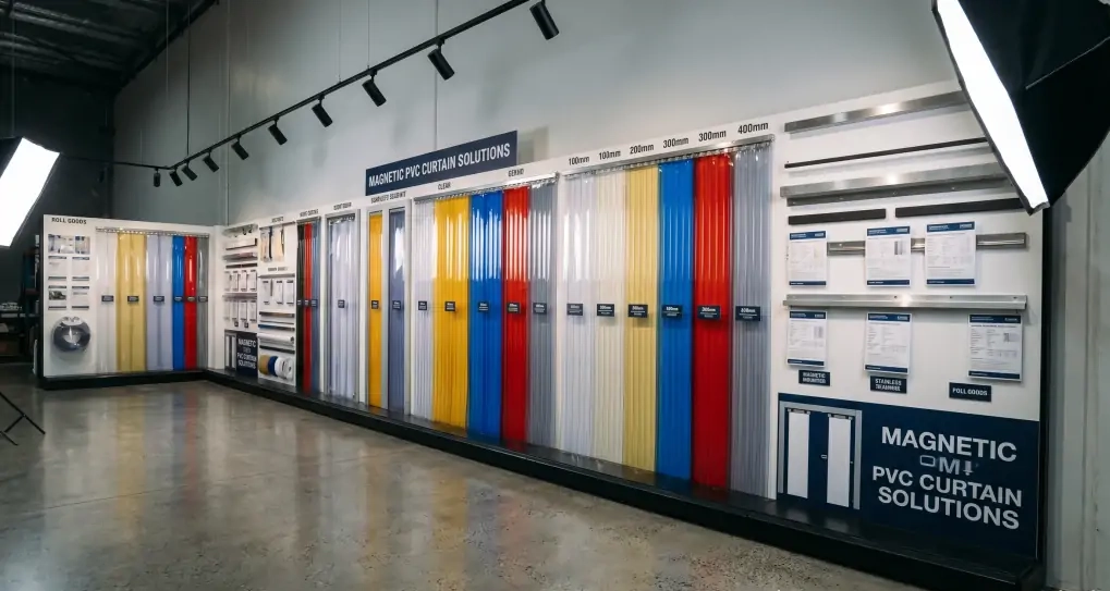 Complete product range display of magnetic PVC door curtain strips showing various sizes widths and configurations arranged in professional showroom with industrial lighting