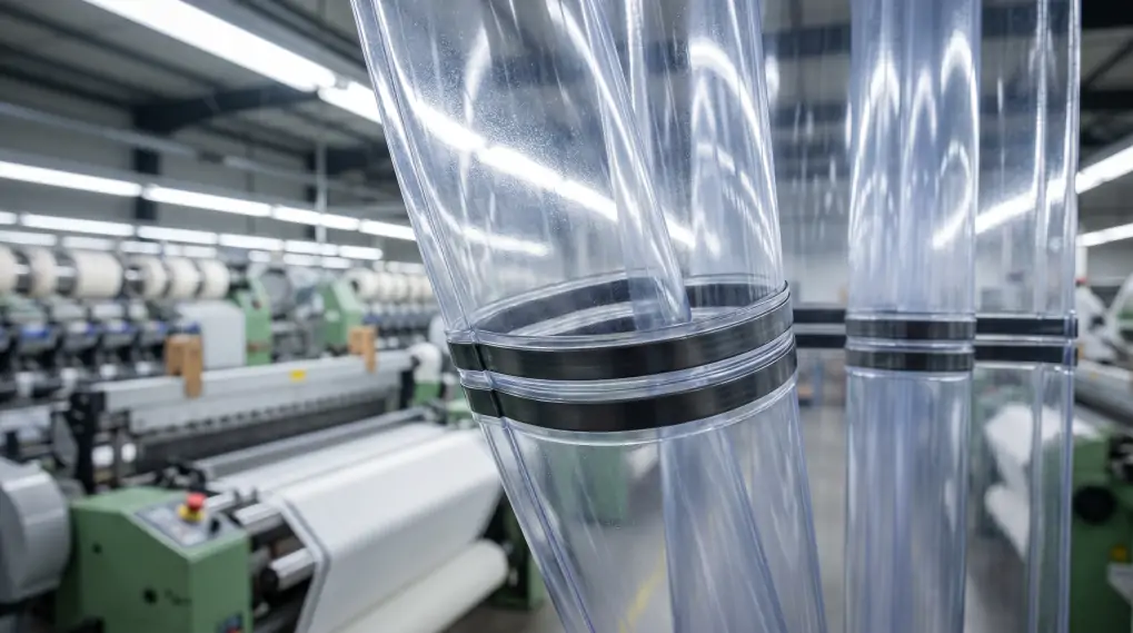 Close-up of thick transparent magnetic PVC strip curtain material showing crystal clear vinyl texture
