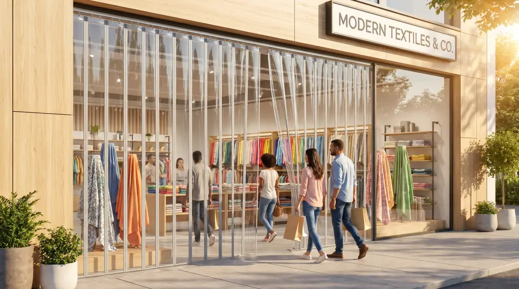 Modern retail storefront with clear magnetic PVC strip curtains at entrance